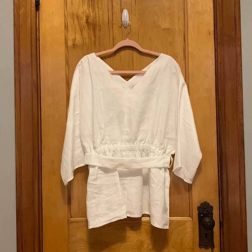 New White Linen V Neck Top Relaxed Fit